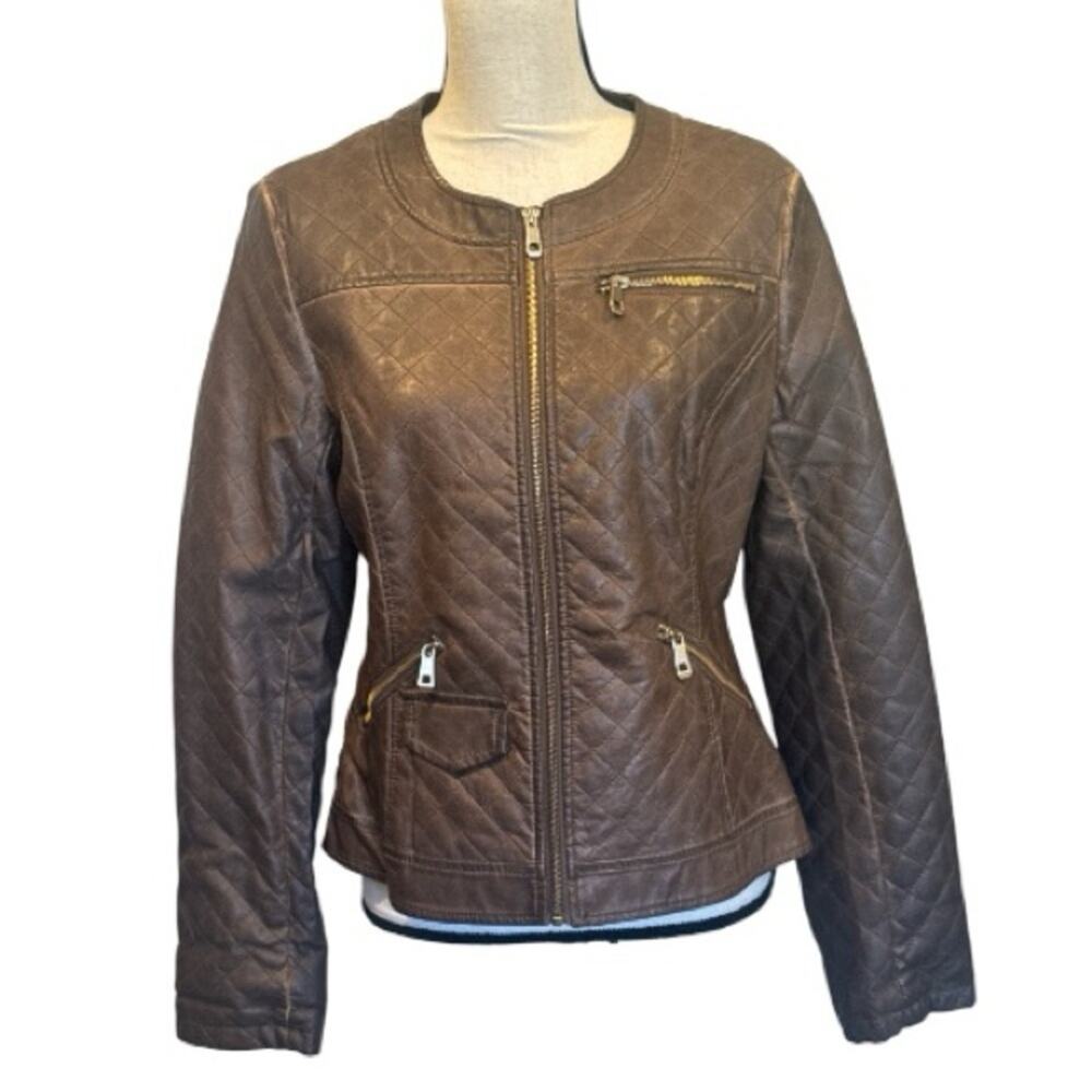 Lavand. Quilted Faux Leather Moto Jacket Brown Large